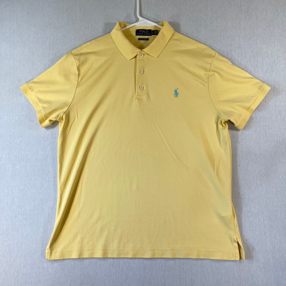 Polo Ralph Lauren Mens Large Custom Slim Fit Polo Shirt Yellow Blue Pony Preppy